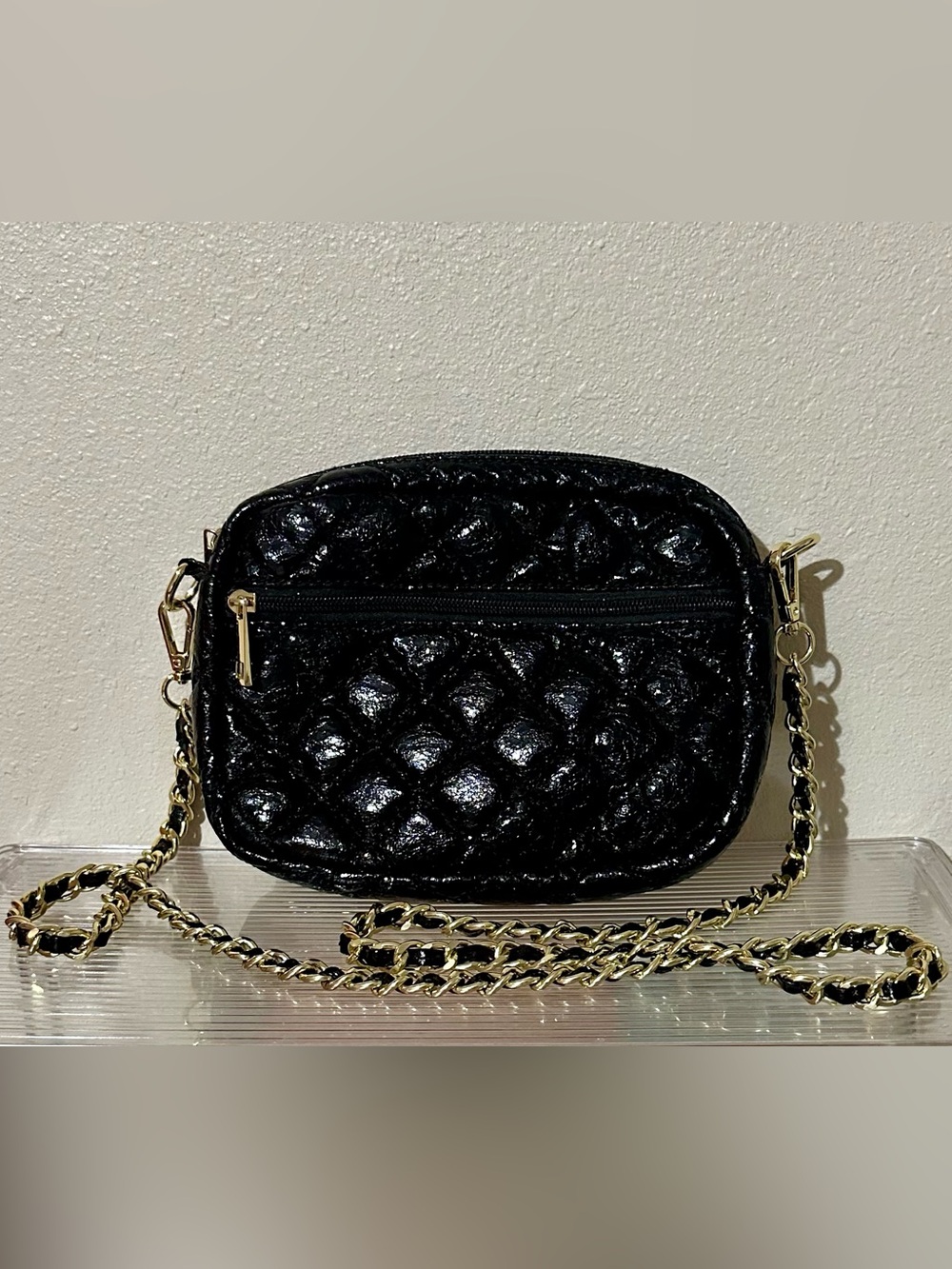 Quilted Black Crossbody Bag with Gold Chain Strap